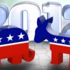 Ilustración elecciones EEUU 2012: un elefante y un burro con colores y estrellas de la bandera sobre un mapa con divisiones de los estados, y el número 2012 al fondo.