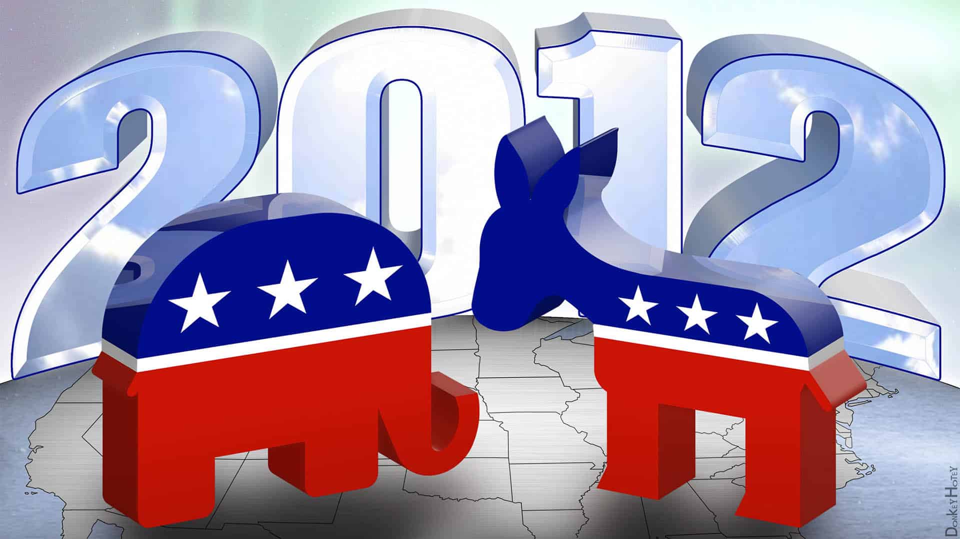 Ilustración elecciones EEUU 2012: un elefante y un burro con colores y estrellas de la bandera sobre un mapa con divisiones de los estados, y el número 2012 al fondo.