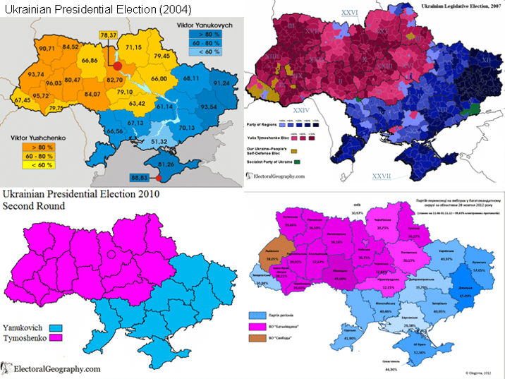 Composición de cuatro mapas de Ucrania que muestran los resultados electorales en 2004, 2007, 2010 y 2012.
