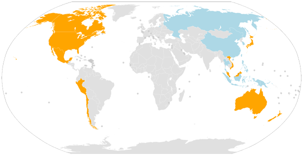 Signatories and potential others (APEC member economies) to the Trans-Pacific Partnership. Map: L.tak / Wikimedia Commons (CC BY-SA 2.0)