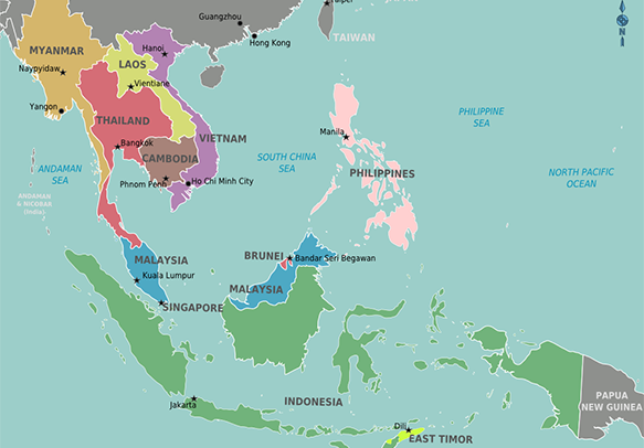 Mapa del Sudeste Asiático. Créditos: Cacahuate (con edición de Globe-trotter y Texugo). Trabajo propio basado en mapa del Banco Mundial vía Wikimedia Commons (CC BY-SA 4.0-3.0-2.5-2.0-1.0).
