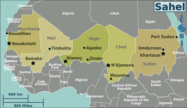 Mapa del Sahel. Peter Fitzgerald, revisiones de LtPowers vía Wikimedia Commons (CC BY-SA 3.0).