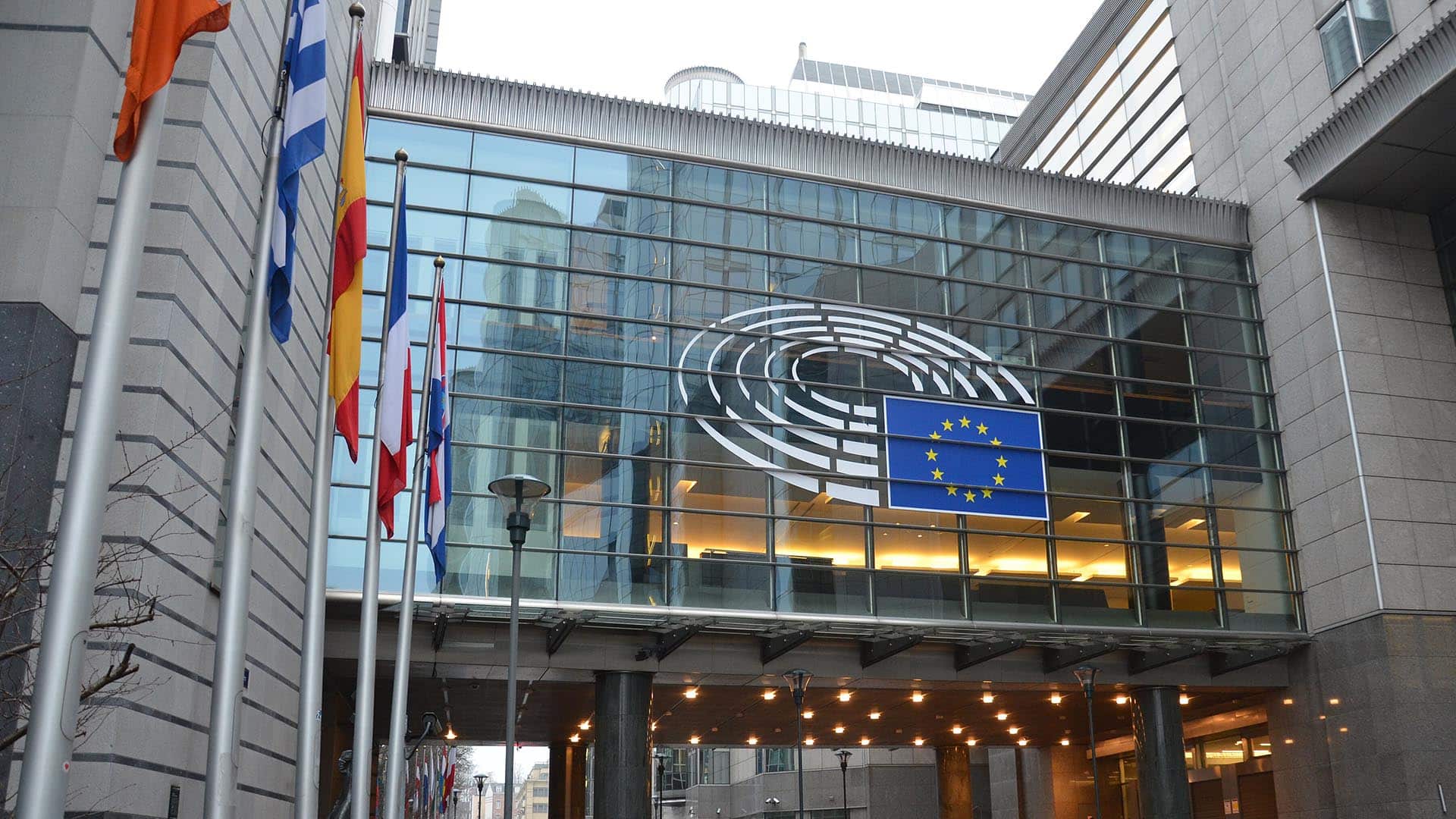 One of the entrances to the European Parliament building in Brussels. The glass façade displays the Parliament's logo and the flag of the European Union. On the left side of the grey building, several flags of the Member States.