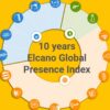 A feature marking the 10th anniversary of the Elcano Global Presence Index, featuring an infographic showing the coefficients for each dimension.