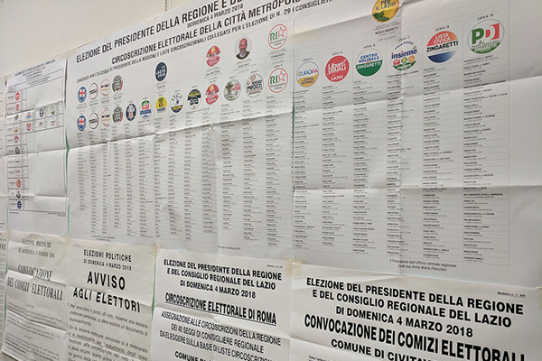 Candidate lists at a Rome polling station (4/3/2018) Photo: OSCE Parliamentary Assembly (CC BY-SA 2.0).