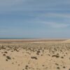 Desert landscape on the coast of Western Sahara. In the background, the beach, the sea and the blue sky.