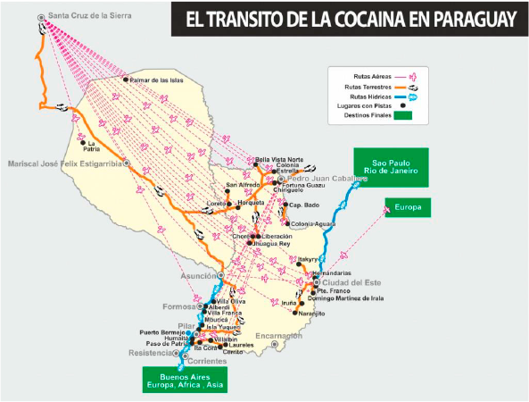 Figura 2. El tránsito de la cocaína en Paraguay. E’a, 26/VI/2016. Infografía de Jorge Acosta