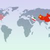 Mapa con las banderas de China, Irán y Estados Unidos. Imagen: Emma Muñoz Descalzo / ©Real Instituto Elcano.