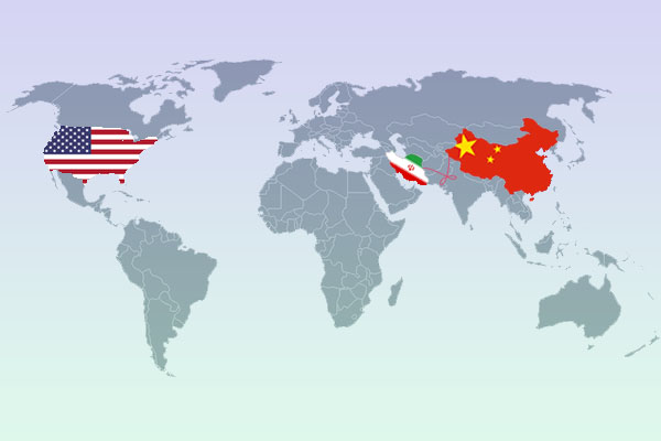 Mapa con las banderas de China, Irán y Estados Unidos. Imagen: Emma Muñoz Descalzo / ©Real Instituto Elcano.