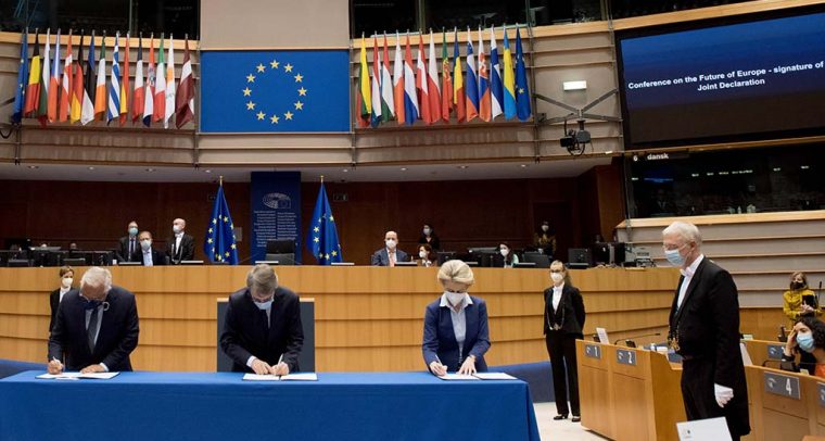 Can the Conference on the Future of Europe prevent another #SofaGate? Signature of the Joint Declaration on the Conference on the Future of Europe (António Costa, David Sassoli, and Ursula von der Leyen). Photo: Etienne Ansotte / ©European Union, 2021. EC - Audiovisual Service