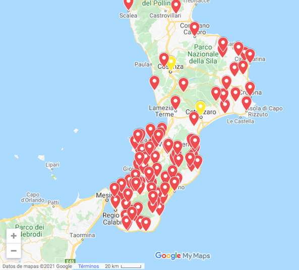 Figura 4. Ayuntamientos y centros de salud pública disueltos por infiltración de la ’Ndrangheta en Calabria desde 1991 hasta 2020