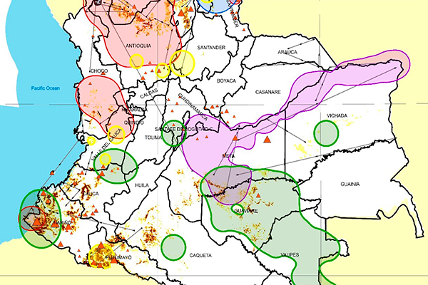 Detalle de mapa de zonas de influencia de las estructuras del crimen organizado y la cadena del narcotráfico. Mapa: Fundación Ideas para la Paz
