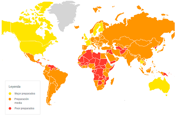 Los países más y menos preparados para una epidemia: capacidad de respuesta a una epidemia o pandemia en 2019. Fuente: Índice Global de Seguridad Sanitaria