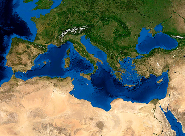 Imagen satélite del mar Mediterráneo. Imagen: NASA (Dominio público)