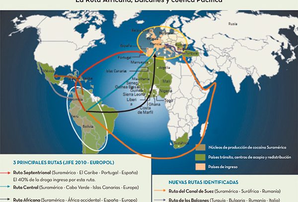 La ruta africana, de los Balcanes y de la cuenca pacífica. Fuente: Comunidad de Policías de América (AMERIPOL)