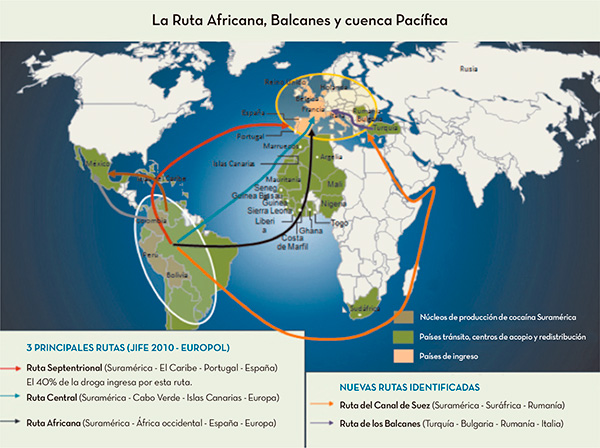 La ruta africana, de los Balcanes y de la cuenca pacífica. Fuente: Comunidad de Policías de América (AMERIPOL)