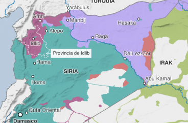 Mapa de la distribución de las fuerzas en el conflicto en Siria (a septiembre de 2018) y ubicación de la provincia de Idlib. Fuente: IHS Conflict Monitor vía BBC.com. Blog Elcano
