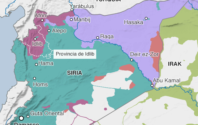 Mapa de la distribución de las fuerzas en el conflicto en Siria (a septiembre de 2018) y ubicación de la provincia de Idlib. Fuente: IHS Conflict Monitor vía BBC.com. Blog Elcano