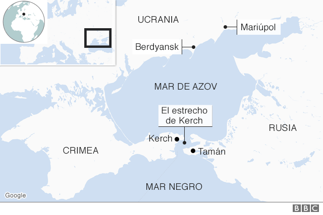 Mar de Azov, estrecho de Kerch y ubicación de los puertos de Mariúpol y Berdyansk. Fuente: BBC Mundo.
