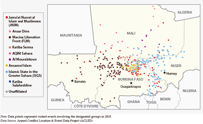 Figura 1. Actuaciones violentas de los principales grupos yihadistas en el Sahel. Fuente: elaboración de Pauline Leroux sobre datos del Armed Conflict Location & Event Data Project (ACLED), en AFSS, p.2.