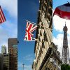 Los mejores países para la internacionalización de la empresa española. Banderas de EEUU, Reino Unido y Francia. Fotos: Jeremy Keith (CC BY 2.0), James Curno (CC BY 2.0) y atl10trader (CC BY 2.0). Blog Elcano