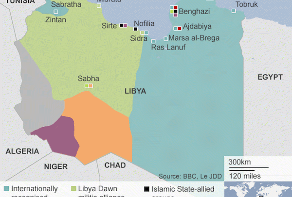 Mapa de las bases de los poderes rivales en Libia (febrero de 2015). Fuente: BBC, Le JDD vía BBC.com. Blog Elcano