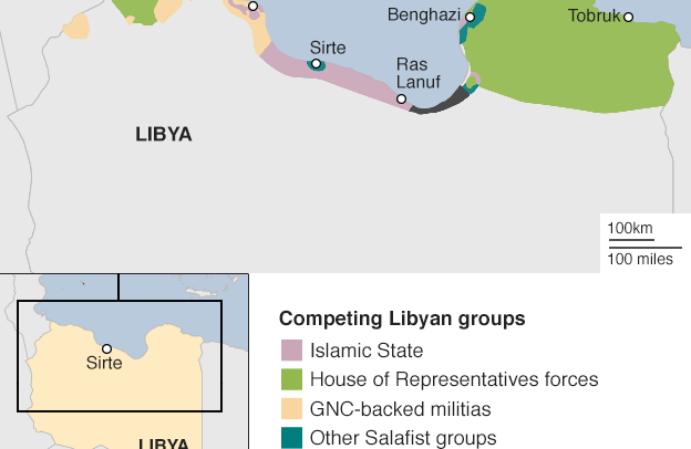 Mapa de las bases de los poderes rivales en Libia (abril de 2016). Fuente: Stratfor vía BBC.com. Blog Elcano