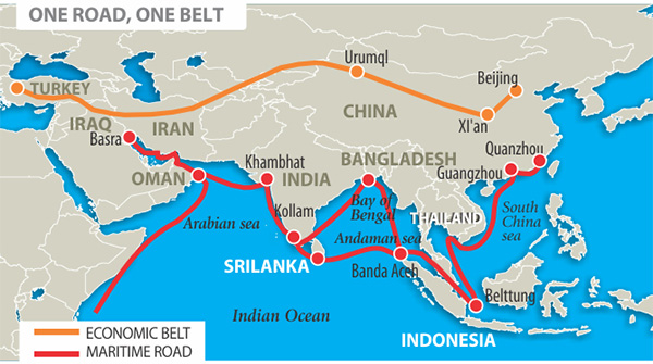 China's Project One Belt One Road (OBOR). Image via #Swarajya. Elcano Blog.