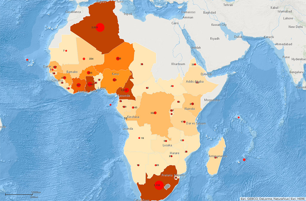 Casos de contagio en África según la OMS (situación al 20/4/2020). Mapa: WHO Africa Dashborad. Blog Elcano