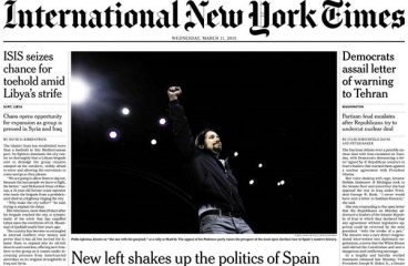 (Cover of the International New York Times, 22 March 2015)