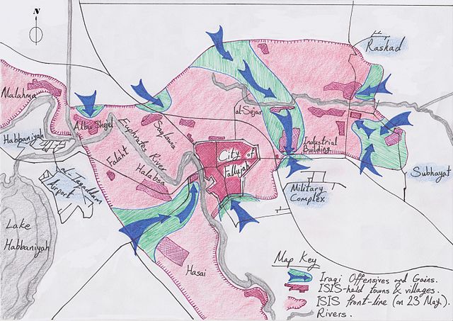 Operaciones militares en Faluya (22 y 23/5/2016). Mapa: Parsa 1993 vía Wikimedia Commons. Licencia Creative Commons Reconocimiento-CompartirIgual 4.0 Intrenacional.