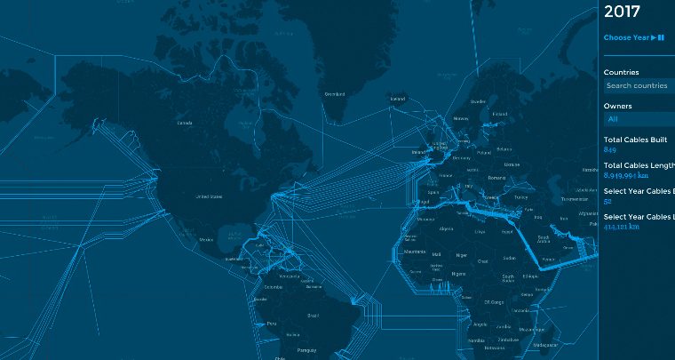 Conectografía. Mapa interactivo del crecimiento de la red de fibra óptica en el mundo (1989-2019). Fuente: Message in the Deep, by Builtvisible. Blog Elcano