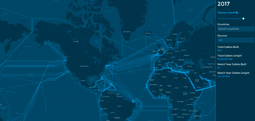 Conectografía. Mapa interactivo del crecimiento de la red de fibra óptica en el mundo (1989-2019). Fuente: Message in the Deep, by Builtvisible. Blog Elcano