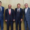 Reunión de los cinco presidentes: Jeroen Dijsselbloem, Martin Schulz, Donald Tusk y Jean-Claude Juncker (Mario Draghi vía conferencia telefónica). 16/6/2015. Foto: Comisión Europea. Blog Elcano