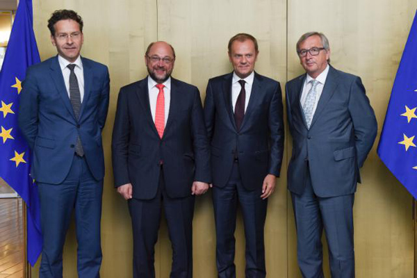 Meeting with the Five Presidents Jeroen Dijsselbloem, Martin Schulz, Donald Tusk and Jean-Claude Juncker (Mario Draghi joined by conference call). 16/6/2015. PhotO: European Commission. Elcano Blog