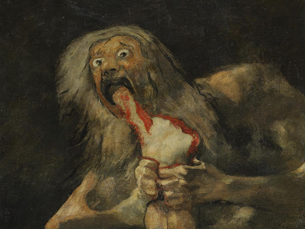De las sociedades inseguras, sus miedos y sus odios. Detalle de “Saturno devorando a su hijo”, de Francisco de Goya (1819-1823). Museo del Prado. Imagen vía Wikimedia Commons (Dominio Público).