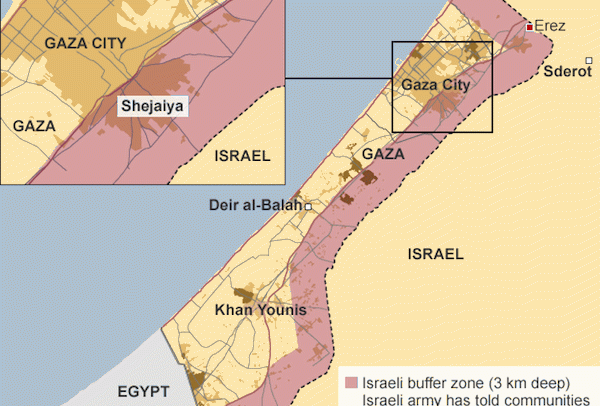 Gaza, paradigma del desprecio a las normas. Situación en la Franja de Gaza (julio 2014). Fuente: BBC - OCHA. Blog Elcano