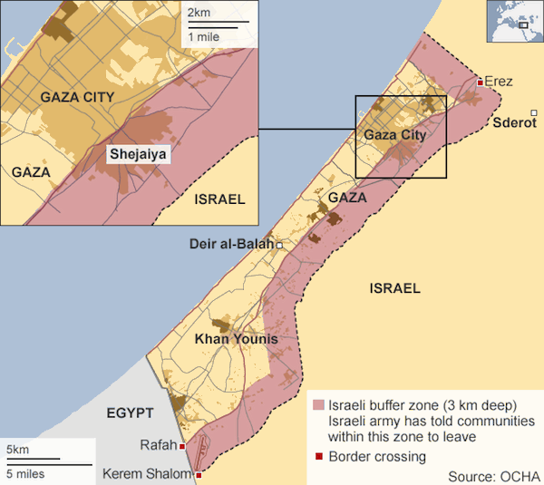 Gaza, paradigma del desprecio a las normas. Situación en la Franja de Gaza (julio 2014). Fuente: BBC - OCHA. Blog Elcano
