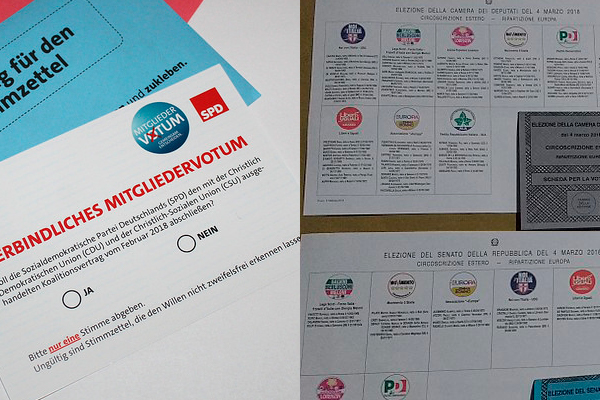 Europa sabe adonde no quiere ir. Izda: papeletas de votación del SPD. Foto: Mummert & Ibold Internetdienste GbR (CC BY 2.0). Dcha: papeletas de votación por correo de las elecciones en Italia. Foto: Klorofilla (trabajo propio) vía Wikimedia Commons (CC BY-SA 4.0). Blog Elcano