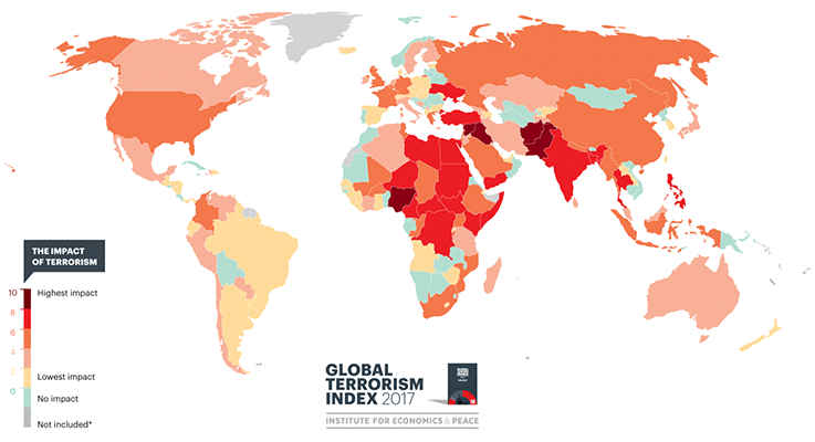 Terrorismo a la baja, ¿o no? Mapa del impacto del terrorismo. Fuente: Índice de Terrorismo Global 2017, Institute for Economics and Peace. Blog Elcano