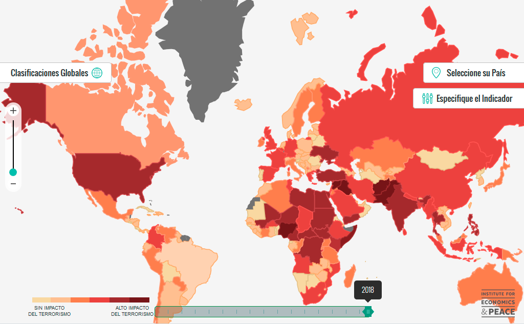 Mapa del impacto del terrorismo. Fuente: Índice de Terrorismo Global 2018, Institute for Economics and Peace. Blog Elcano