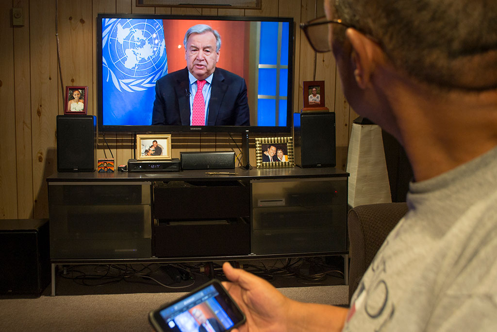 El secretario general de Naciones Unidas António Guterres durante el encuentro virtual con la prensa para pedir un alto al fuego mundial durante la pandemia del coronavirus (COVID-19) (23/3/2020). Foto: UN Photo/Eskinder Debebe. Blog Elcano