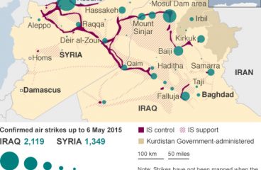 Ataques aéreos en Irak y Siria (confirmados a 6/5/2015). Fuente: Institute for the Study of War y US Central Command - BBC. Blog Elcano