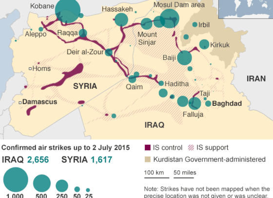 Territories under control and influence of Daesh in Iraq and Syria, and confirmed air strikes up to 2/7/2015. Source: Institute for the Study of War, US Central Command via BBC.com. Elcano Blog