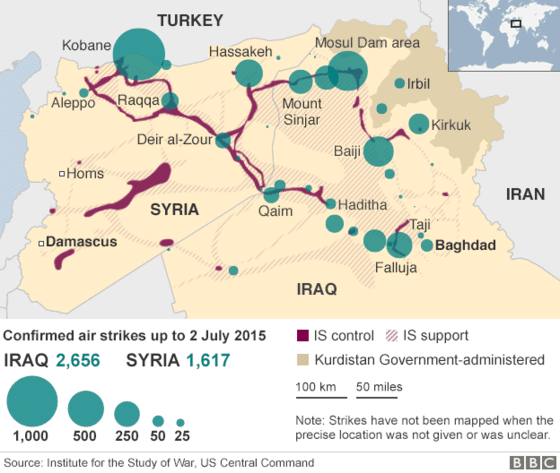 Territories under control and influence of Daesh in Iraq and Syria, and confirmed air strikes up to 2/7/2015. Source: Institute for the Study of War, US Central Command via BBC.com. Elcano Blog