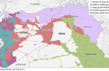 El páramo sirio continúa en llamas. Mapa de la distribución del Daesh en Irak y Siria (a 20/2/2017). Créditos: IHS Conflict Monitor-BBC. Blog Elcano