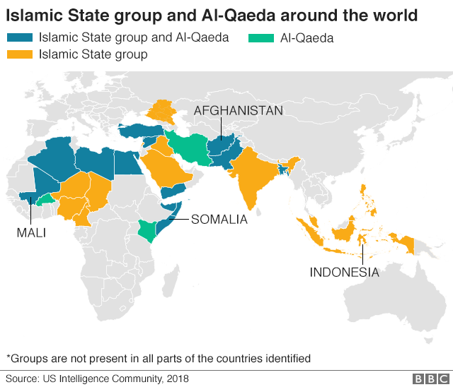 Núcleos de Estado Islámico y al-Qaeda (organizaciones del yihadismo global) en el mundo. Fuente: BBC.com (basado en datos de US Intelligence Community, 2018). Blog Elcano