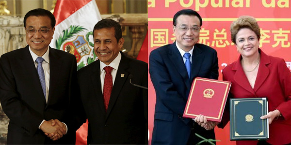 Left: Li Keqiang and Ollanta Humala. Right: Li Keqiang and Dilma Rousseff. Elcano Blog