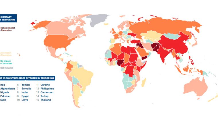 Mapa del impacto del terrorismo. Fuente: Índice de Terrorismo Global 2016, Institute for Economics and Peace. Blog Elcano