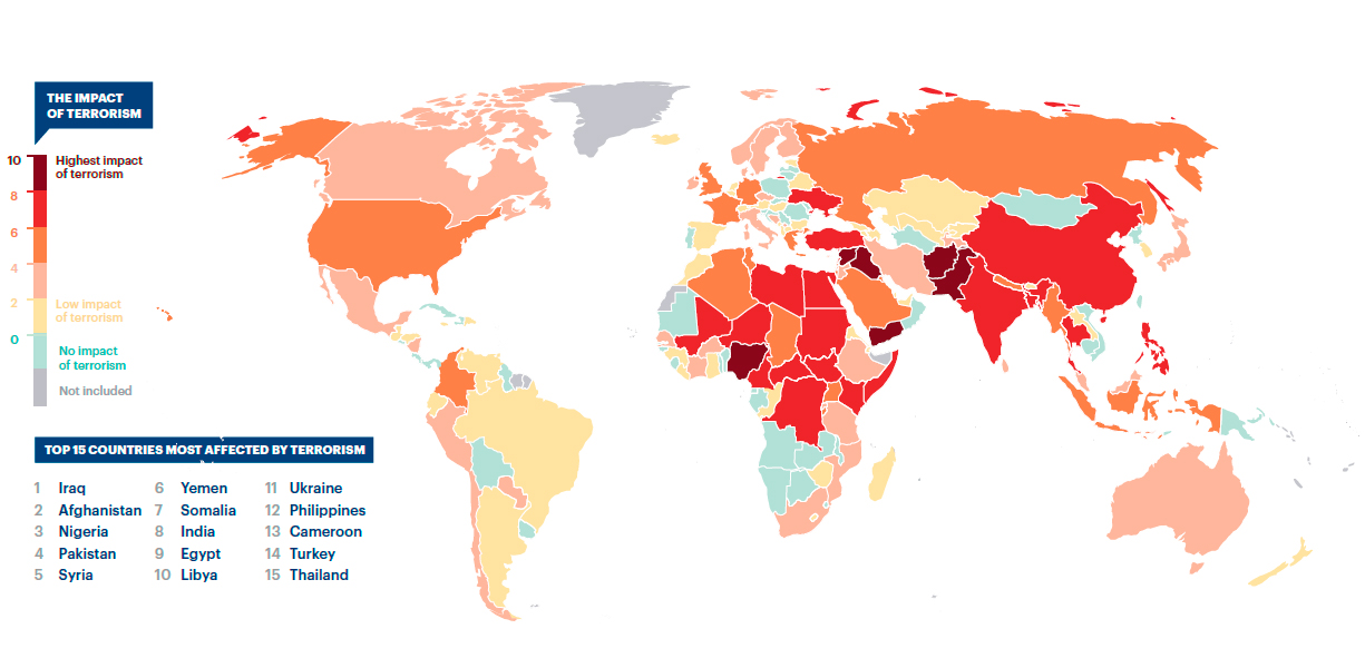 Mapa del impacto del terrorismo. Fuente: Índice de Terrorismo Global 2016, Institute for Economics and Peace. Blog Elcano